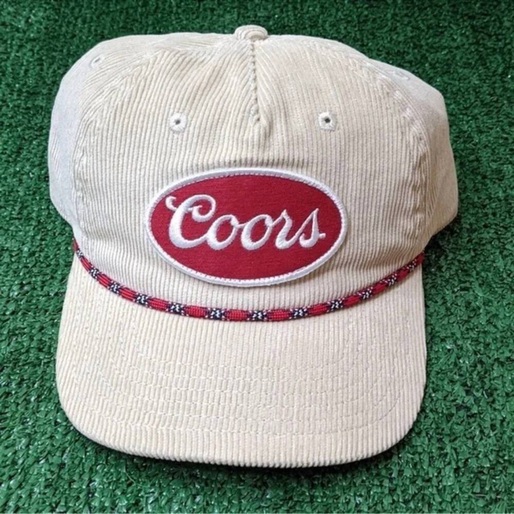 NEW MAD ENGINE women's coors banquet beer corduroy snapback hat in cream, red